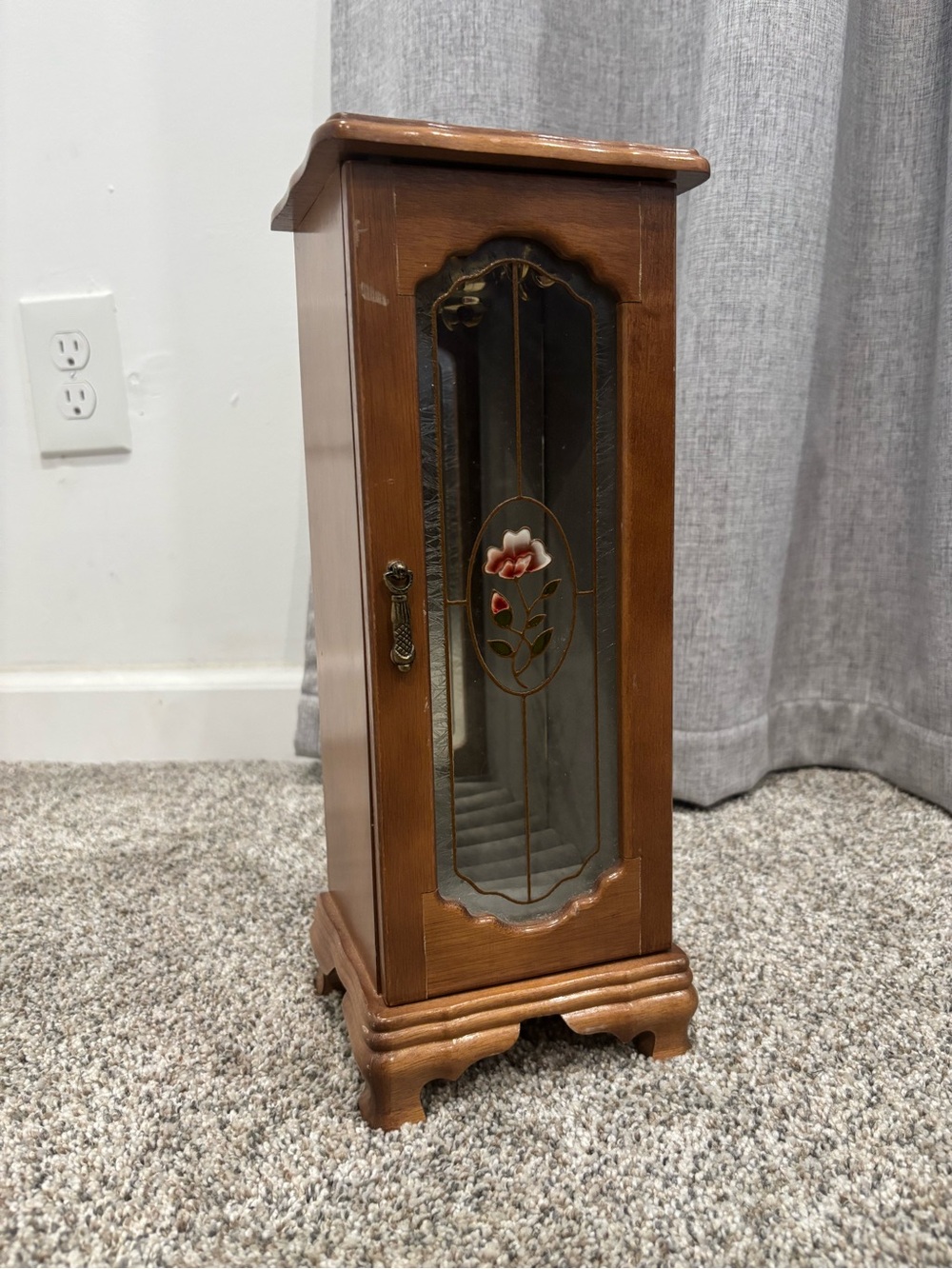 Vintage Wooden Jewelry Armoire Cabinet with Floral Glass Door - Brown